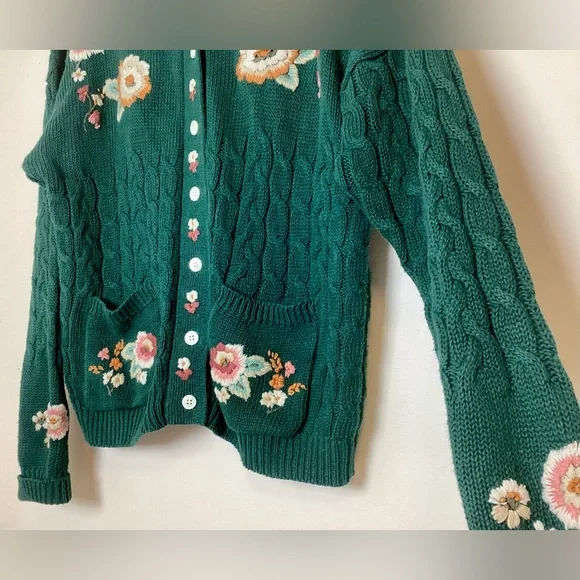 Carroll Reed Vtg Cable Knit Embroidered Cardigan L Floral Chunky Granny Cottage - Picture 6 of 13